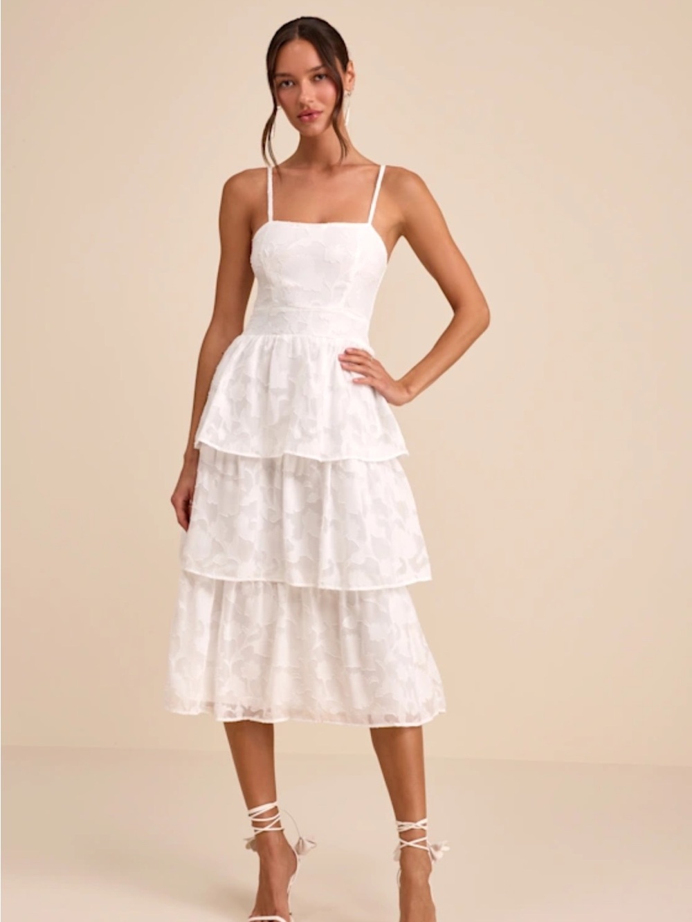 Lulu's Ivory Tiered Lace Maxi Dress with Spaghetti Straps